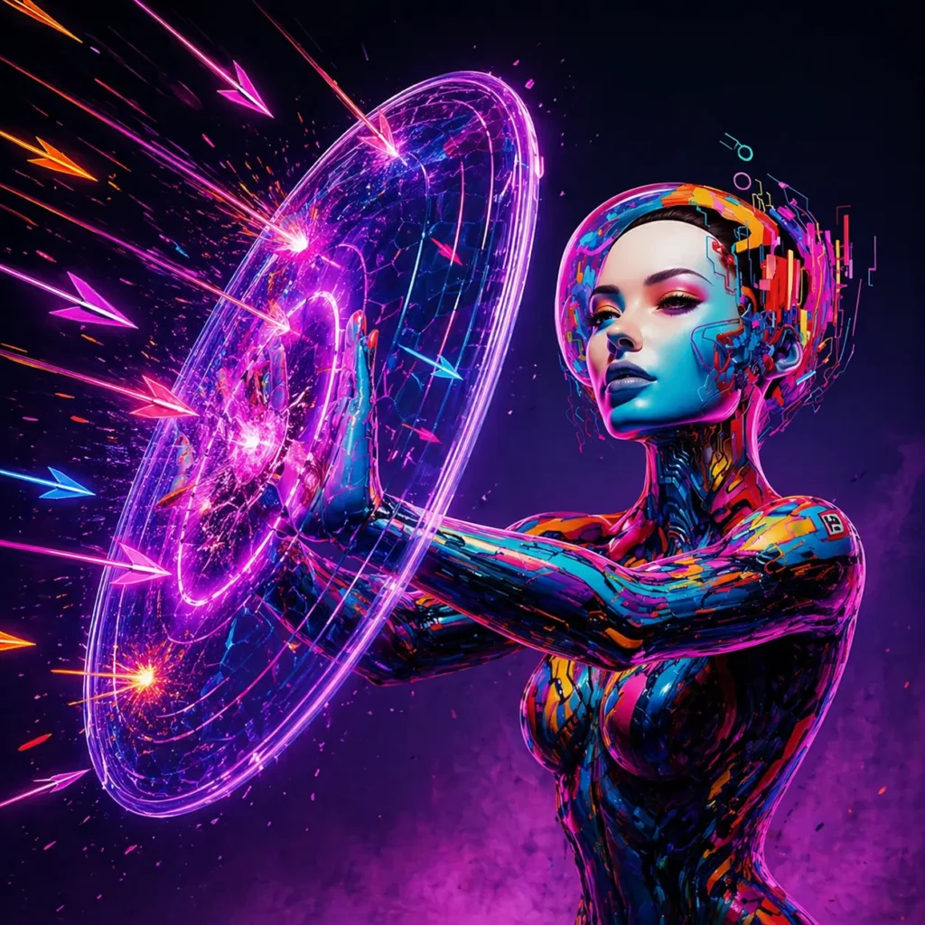 ilustración versión comic imagen mujer biónica con escudo protegiéndose de flechas