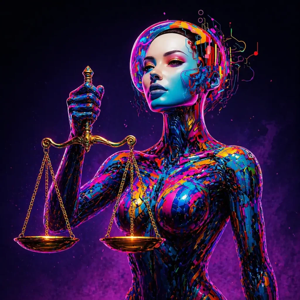 ilustración mujer biónica, con balanza de la justicia en la mano 