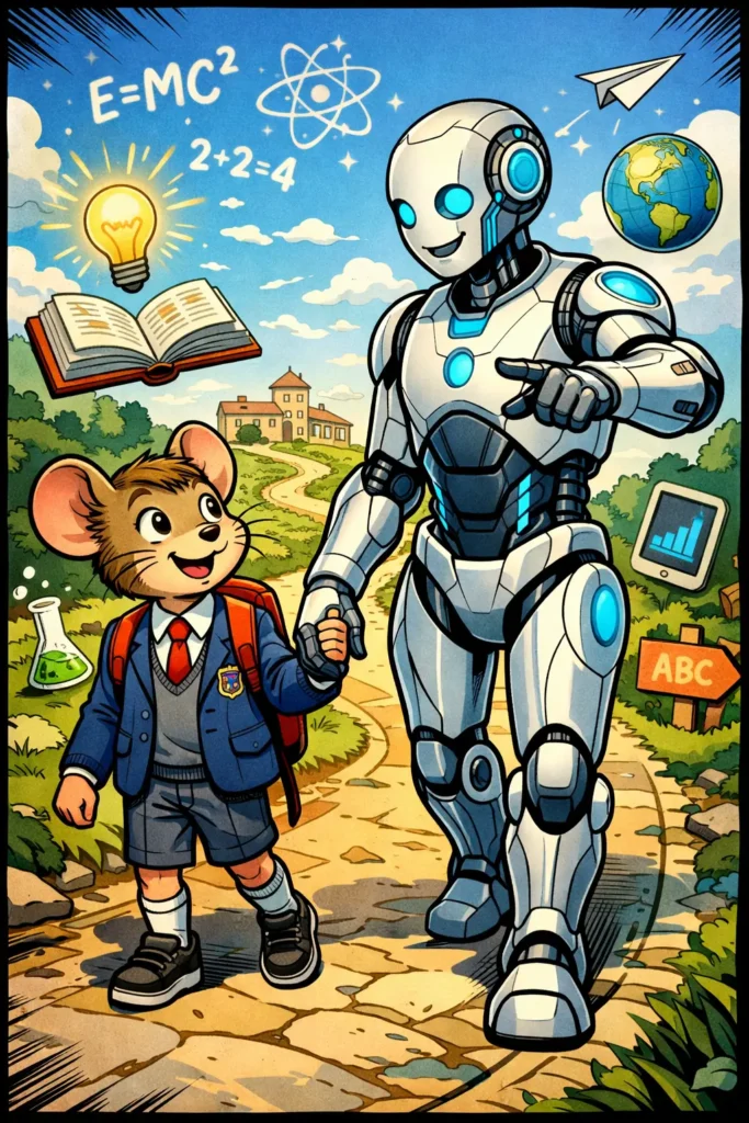 Ilustración fantasía comic IA ayudando estudiante