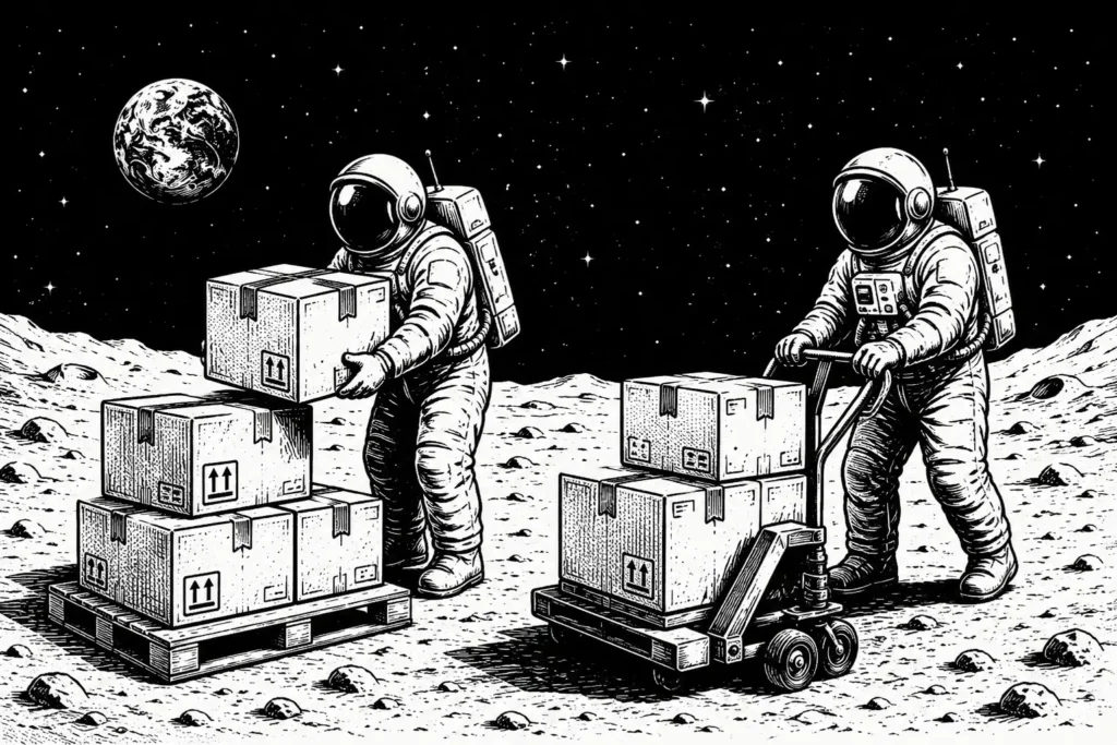 Dibujo de dos astronautas apilando cajas, ilustración de fantasía