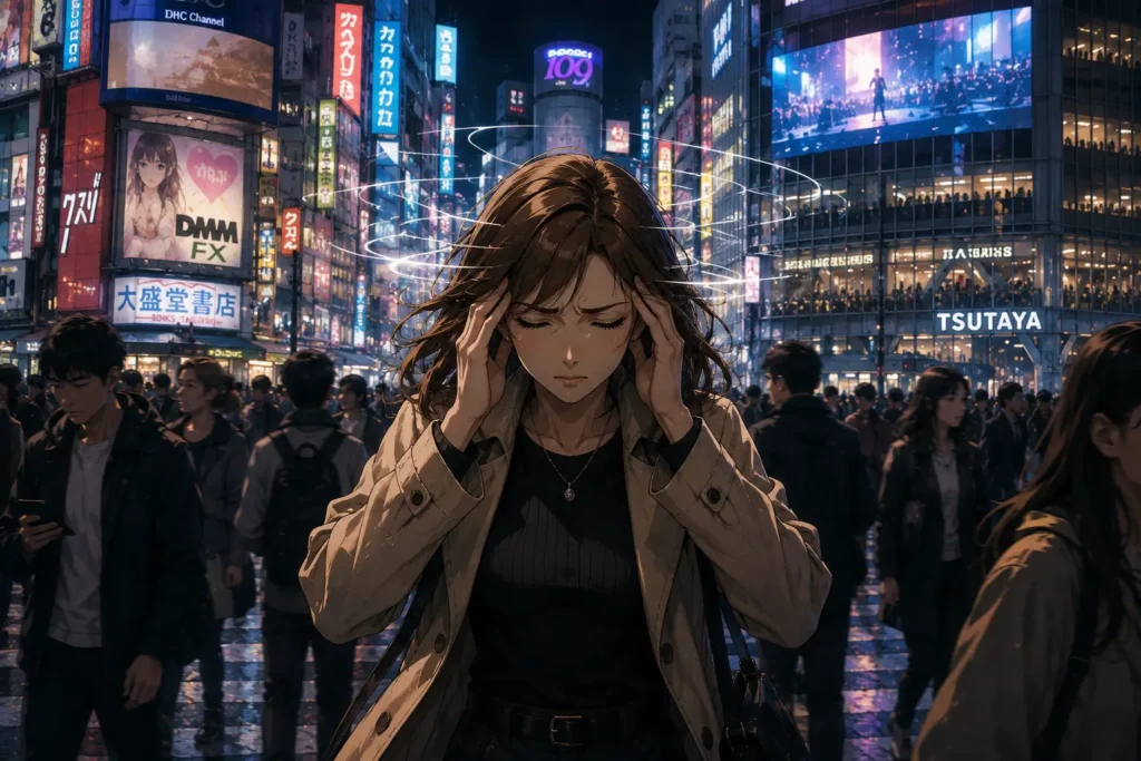Ilustración chica andando por ciudad agobiada estilo anime