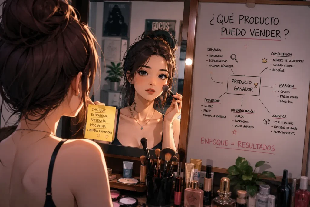 Ilustración chica maquillándose enfrente del espejo , pensando que producto vender