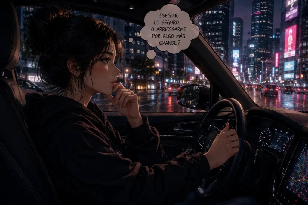 Ilustración chica conduciendo de noche por la ciudad