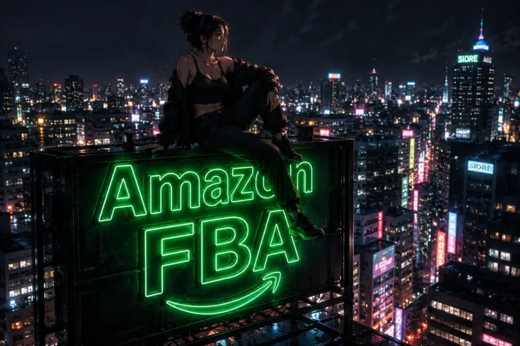 ilustración Amazon fba , chica encima de cartel en azotea