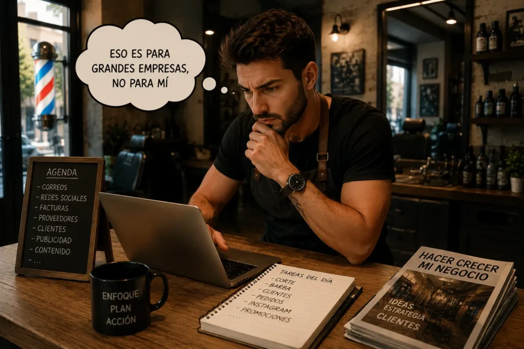El mito que está frenando a miles de pequeños negocios → Pensativo mirando el portátil (la imagen que acabamos de hacer).