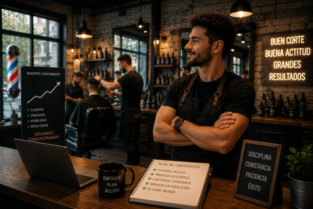 Conclusión → El emprendedor mirando su barbería con satisfacción, transmitiendo crecimiento y evolución.